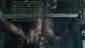Animation of data processing, scope scanning, charts and analytics with an overhead view of an African American man bench pressing weights on a barbell in the background - Powered by Shutterstock - Get 15% off with code: PIKWIZARD15