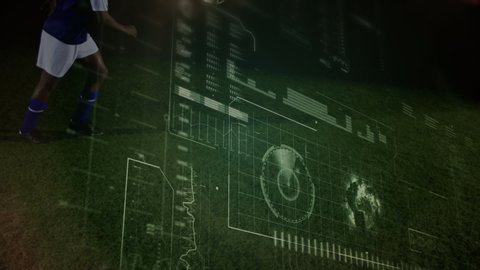 Animation of data processing, scope scanning and analytics with the low section of a football player kicking a ball on a football pitch during a match in the background