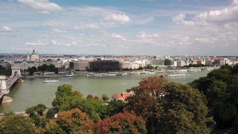 Panoramic view of Budapest.Chain bridge at the background. Danube river. From Buda Castle