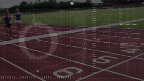 Animation of data processing, scope scanning and analytics with three female athletes crossing the finish line on a running track in slow motion in the background - Powered by Shutterstock - Get 15% off with code: PIKWIZARD15