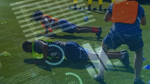 Animation of data processing, charts and analytics with a team of sportsmen training on a sports field in the background
