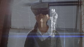 Animation of data processing and young woman in VR headset touching virtual interactive screen in the background - Powered by Shutterstock - Get 15% off with code: PIKWIZARD15