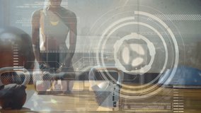 Animation of data processing, scope scanning and analytics with a woman working out in a gym doing push ups on kettlebells in the background - Powered by Shutterstock - Get 15% off with code: PIKWIZARD15