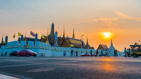 Time lapse of Wat Phra Kaew temple or Temple of the Emerald Buddha in Bangkok Thailand at sunset time day to night. Is an important and popular tourist destination