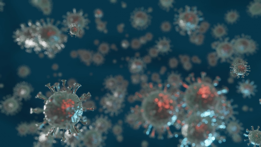 Viruses, Virus Cells under microscope, floating in fluid with blue background. Pathogens outbreak of bacterium and virus, disease causing microorganisms. COVID-19. Coronavirus. 3D looped animation Royalty-Free Stock Footage #1045667881