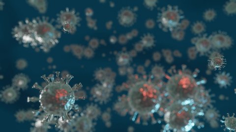 Viruses, Virus Cells under microscope, floating in fluid with blue background. Pathogens outbreak of bacterium and virus, disease causing microorganisms. COVID-19. Coronavirus. 3D looped animation