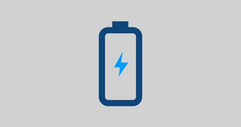 Animated blue empty battery icon. Animation, pictogram, motion graphics. Useful for social media, interfaces, infographics, websites. No background. (Alpha channel).
