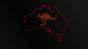 Australia is on fire. Red contour Continent Australia with the image of a fire kangaroo on a black background. Cartography. Motion video