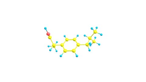 Ibuprofen drug molecular structure rotating