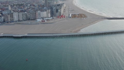 Ostend, Belgium, Drone view on the water and the city at the sea