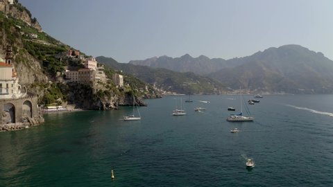 Aerial view of Ravello boats and coast. 2 videos (Log + Rec709). Drone video