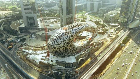 DUBAI, UNITED ARAB EMIRATES - DECEMBER 26, 2019. Aerial shot of the Museum of the Future under construction