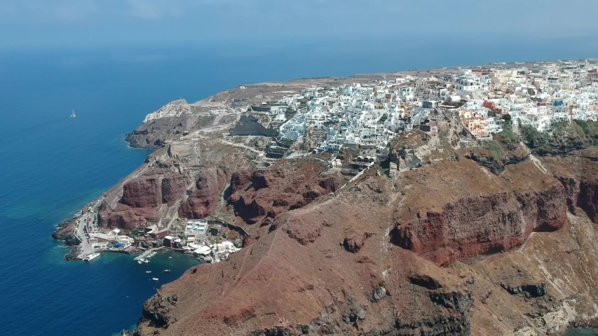Aerial view on the island Santorini at summer sunny weather,  Greece