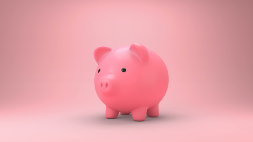 Golden coins falling into a piggy bank. Pink piggy bank Get bigger when receiving coins and Gold coins appears a lot.Money saving concept. 3d animation. Royalty-Free Stock Footage #1045700146