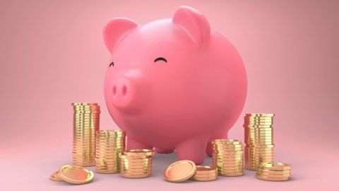 Golden coins falling into a piggy bank. Pink piggy bank Get bigger when receiving coins and Gold coins appears a lot.Money saving concept. 3d animation.