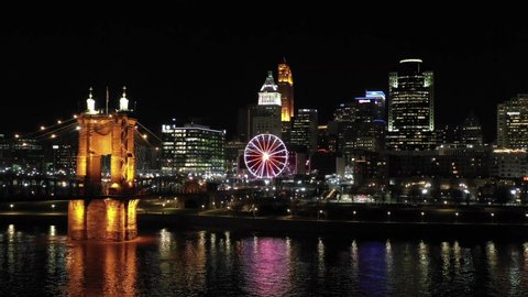 CINCINNATI, OH, USA - JANUARY 6, 2020: Night aerial video Downtown Cincinnati Ohio