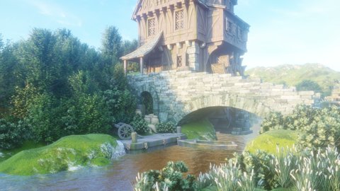 Beautiful rural summer morning nature with a pond and a water mill. The mill wheel rotates under the pressure of the water flow. Looping 3D animation.