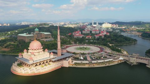 Aerial Cinematic Putra Square With Putra Mosque And Perdana Putra Putrajaya Malaysia View 4K Footage