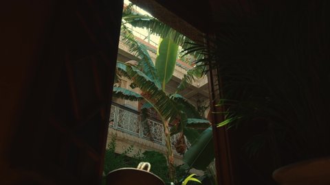 Beautiful Riad in Morocco.  With a nice sun flare and palm trees in het Riad. Dolly shoot trough the door.