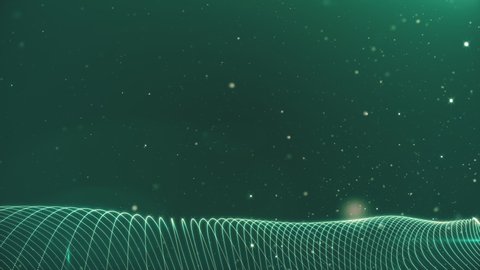 Curved lines on a green background with flickering particles. 3d loop abstract glow particle animation with depth of field, bokeh and light rays for abstract background. 3d rendering