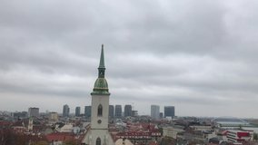 Time lapse video HD: View of old city centre and St Michael's Tower at the cloudy sky background, Bratislava, Slovakia