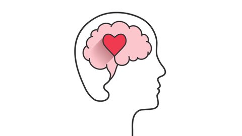 Self-drawing human head and brain outline with heart shape appearing as love, mental health or emotional intelligence and well-being concept. Animation on white background.