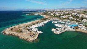 Aerial drone video of famous seaside area and port of Glyfada, Athens riviera, Attica, Greece