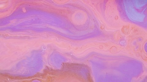Motion mixed colorful acrylic. Liquid paint patterns of moving surface. Abstract mixture paint with flow metamorphosis. Pink, purple and blue acrylic flow animation. Marble effect painting