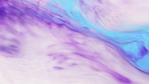 Motion mixed colorful acrylic. Liquid paint patterns of moving surface. Abstract mixture paint with flow metamorphosis. White, purple and blue acrylic flow animation. Marble effect painting.