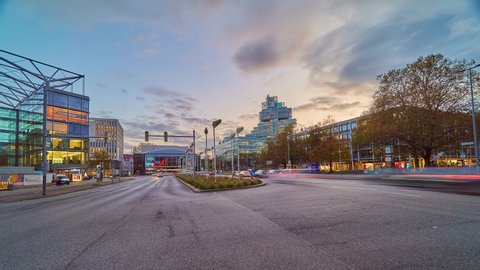 Hannover, Germany - November 12, 2019: Intensive car traffic at a crossroads in Hannover. Time lapse. 4K