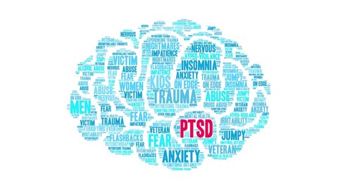 PTSD Brain Word Cloud on a white background.
