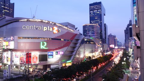 BANGKOK, THAILAND - Jan-31-2020 : Timelapse zoom out, Central Plaza Grand Rama 9 and G Tower, The Grand Rama 9, a famous shopping center in Bangkok