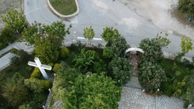 aerial view Agia Paraskevi church on the way from igoumenitsa to Plataria beautiful chapel in an idyllic area with great view surrounded by nature a venetian monastery was near. Greece, drone video