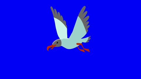 Animated gull flies. Looping hand drawn animation on a bluer background. 29.97 fps