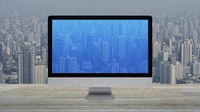 Statistics graphs, charts and diagrams data on modern computer monitor screen on wooden table over office building tower and skyscraper in city, Business financial intro motion background - Powered by Shutterstock - Get 15% off with code: PIKWIZARD15