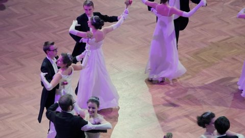 VIENNA AUSTRIA JAN 18 2018 opening ceremony of a traditional Viennese waltzing ball prom dance at the Hofburg Palace, close up shot of Waltz dance formation dancing to classical Austrian waltz music
