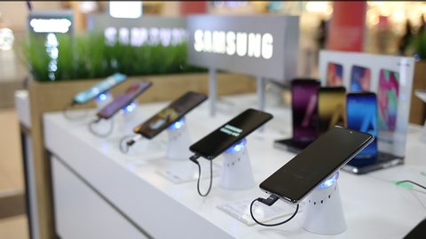 Belgrade, Serbia - February 02, 2020: New Samsung Galaxy A51 mobile smartphone is shown on retail display in electronic store. A10, A20, A40 and Samsung brand logo isolated in the background.