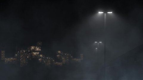 City Silhouette Street Lamps with Fog 4K Loop features fog rolling by with street lights in the foreground and twinkling lights of a city silhouette in the background in a loop