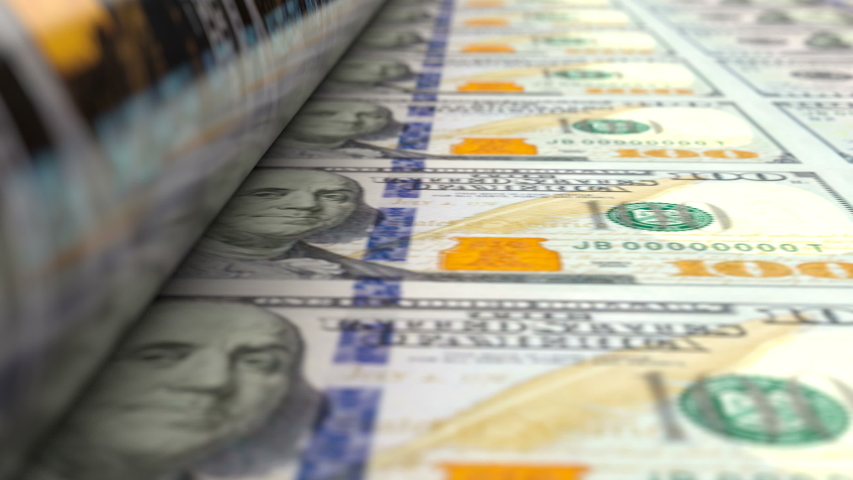 Extreme close up view of US dollars press machine while printing 100 USD bill banknotes. Colorful animation showing how the most popular USD paper currency is being made. Seamless loop.
