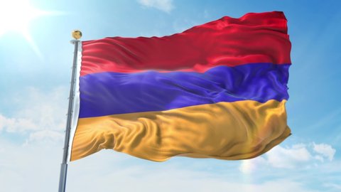 Armenia flag waving in the wind against deep blue sky. National theme, international concept. 3D Render Seamless Loop 4K