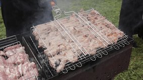 Raw shish kebab on grill.