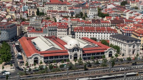 Aerial View Shot of Time Out Market Lisbon, Lisboa, Portugal