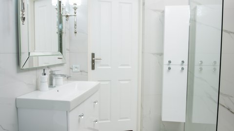 Calacatta marble glamour style bathroom, modern interior design 4k concept