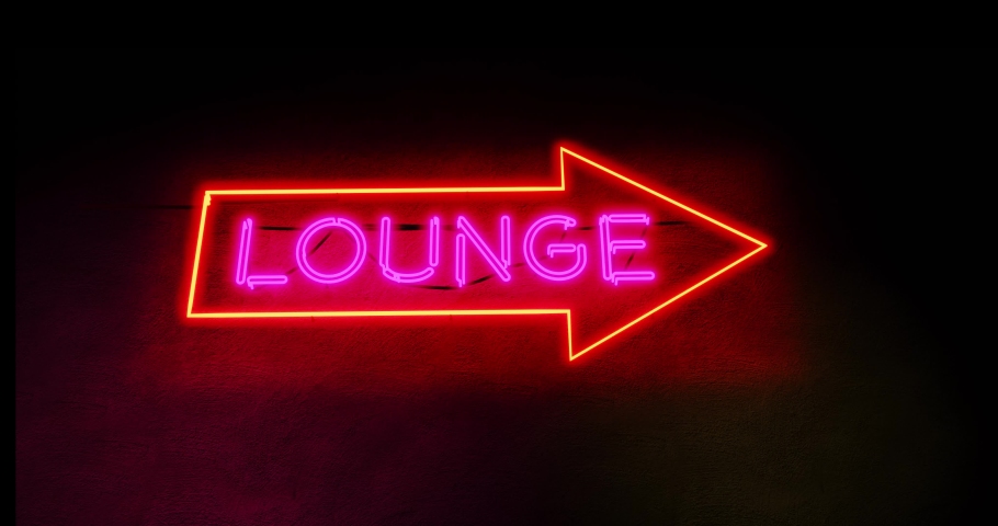 Neon lounge sign glowing text shows airport bar for relaxation and alcohol. A colourful advertisement or graphic with typography - 4k