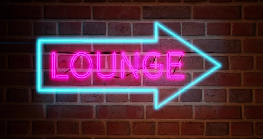 Neon lounge sign glowing text shows airport bar for relaxation and alcohol. A colourful advertisement or graphic with typography - 4k