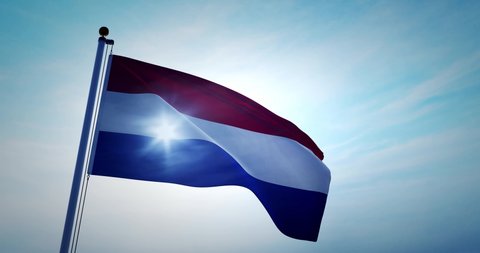 Netherlands flag flying represents Holland the Dutch kingdom. Used for National events and patriotism or an ensign of the country - 4k