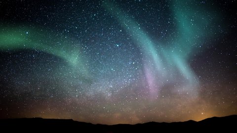 Aurora Borealis Milky Way Galaxy Rise Time Lapse Stars Over Mountains Simulated Northern Lights