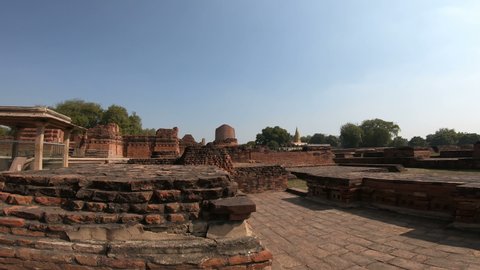 Varanasi, India - January 31, 2020: Archaeological and excavation area in Sarnath at Dhamek Stupa complex.