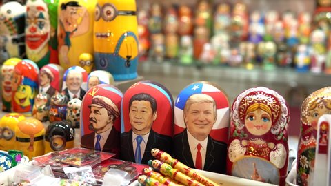 Moscow, January 29, 2020: Russian dolls matryoshka in the store. Dolls with the image of politicians and heroes of films-Donald Trump, Vladimir Putin, Xi Jinping, Lenin, The Simpsons, Minions, Joker