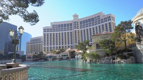 Las Vegas, Jan 28: Afternoon sunny street view of the famous Bellagio Hotel and Casino with the fountain on JAN 28, 2020 at Las Vegas, Nevada